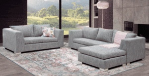 Wide shot photo of a light grey lounge set. The New York Lounge Set by The Mattress Company